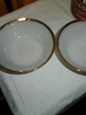 Vtg Fire King  lot of 2 swirl milkglass 5 in berry bowls gold trim